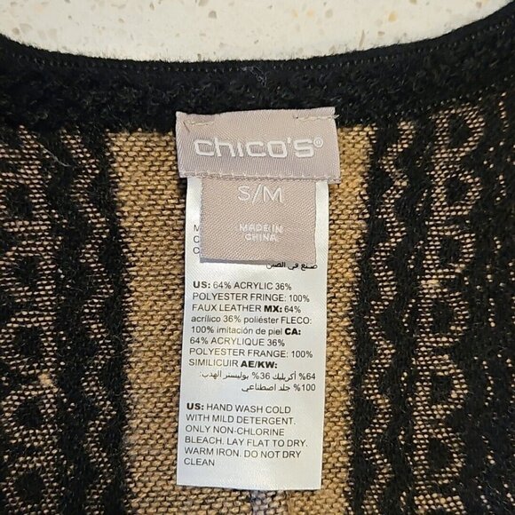Chicos Fringe Ruana Wrap Sweater Coat Womens S/M Brown Black Floral Faux Leather - Picture 10 of 13